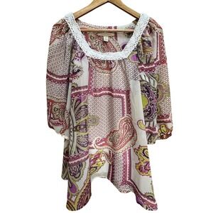 Jonathan Martin Paisley Boho Tunic Top/Blouse Crochet Trim Sheer Lined Large